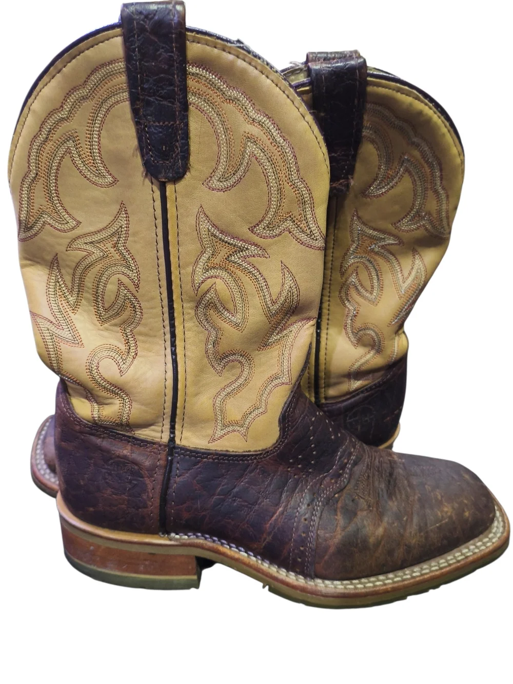 Double H Brown Leather Foot with Yellow Embroidered Shaft Cowboy Boots